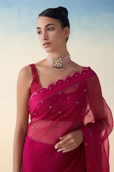 Janki India Wine Organza, Cotton Embroidery Hand Saree Set at Aza Fashions Janki India_Wine Organza, Cotton Embroidery Hand Saree Set _at_Aza_Fashions