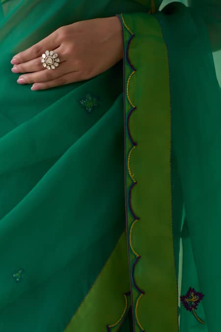 Janki India_Green Organza, Cotton Embroidery Hand Saree Set _Online_at_Aza_Fashions