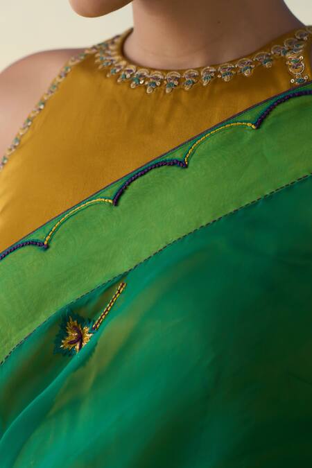 Shop_Janki India_Green Organza, Cotton Embroidery Hand Saree Set _Online_at_Aza_Fashions