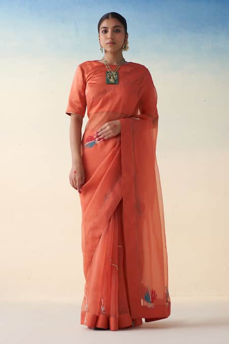 Janki India Rust Orange Hand Embroidered Saree Set 