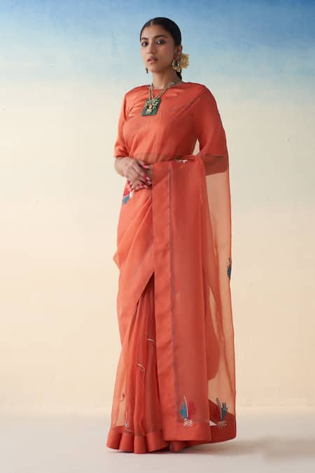 Janki India_Rust Organza, Cotton Embroidery Orange Hand Saree Set _Online_at_Aza_Fashions