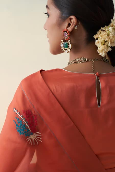 Buy_Janki India_Rust Organza, Cotton Embroidery Orange Hand Saree Set _Online_at_Aza_Fashions