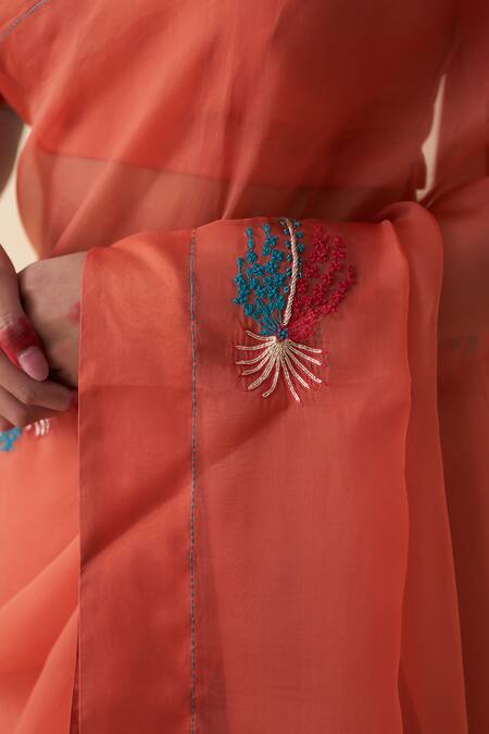 Janki India_Rust Organza, Cotton Embroidery Orange Hand Saree Set _at_Aza_Fashions