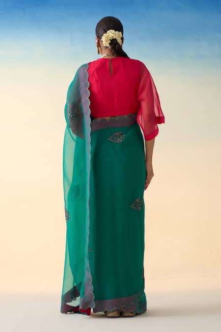 Janki India Green Hand Embroidered Saree Set 