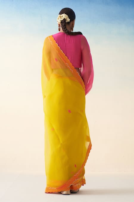 Janki India Yellow Hand Embroidered Organza Saree 