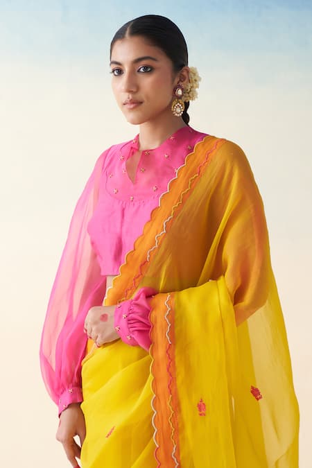 Janki India_Yellow Organza, Cotton Embroidery Hand Saree Set _Online_at_Aza_Fashions