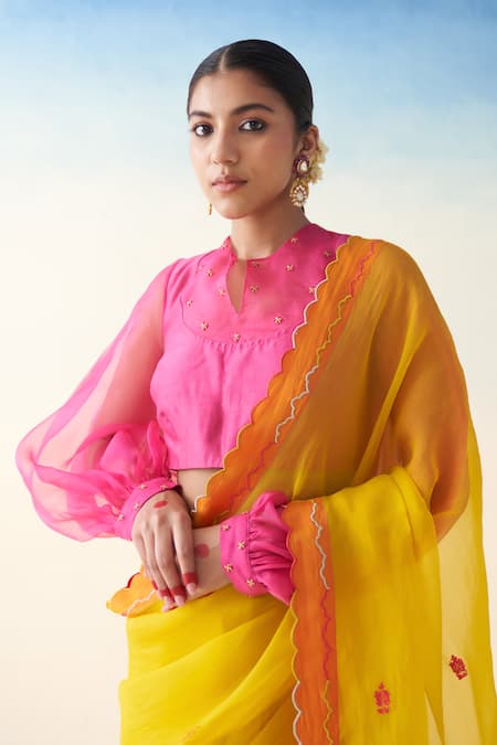 Buy_Janki India_Yellow Organza, Cotton Embroidery Hand Saree Set _Online_at_Aza_Fashions