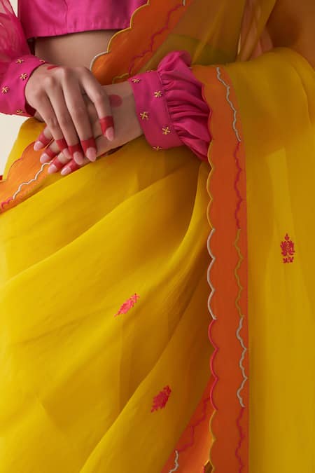 Shop_Janki India_Yellow Organza, Cotton Embroidery Hand Saree Set _Online_at_Aza_Fashions