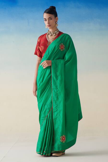 Janki India_Green Silk, Cotton Embroidery Hand Saree _Online_at_Aza_Fashions