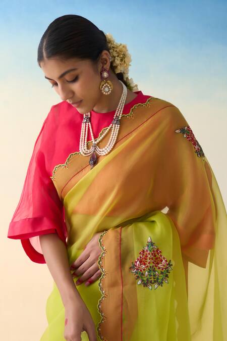 Janki India Lime Organza, Cotton Embroidery Yellow Hand Saree Set Online at Aza Fashions Janki India_Lime Organza, Cotton Embroidery Yellow Hand Saree Set _Online_at_Aza_Fashions