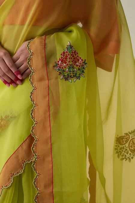 Buy Janki India Lime Organza, Cotton Embroidery Yellow Hand Saree Set Online at Aza Fashions Buy_Janki India_Lime Organza, Cotton Embroidery Yellow Hand Saree Set _Online_at_Aza_Fashions