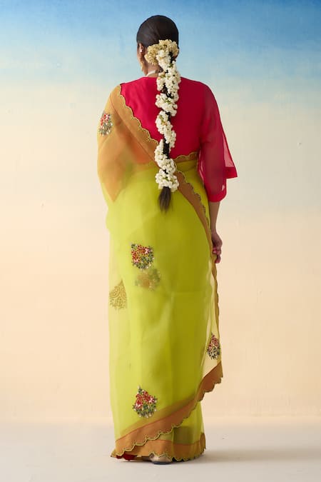 Janki India Lime Yellow Hand Embroidered Saree Set 