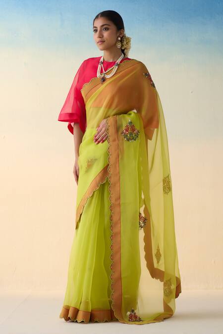 Shop Janki India Lime Organza, Cotton Embroidery Yellow Hand Saree Set Online at Aza Fashions Shop_Janki India_Lime Organza, Cotton Embroidery Yellow Hand Saree Set _Online_at_Aza_Fashions