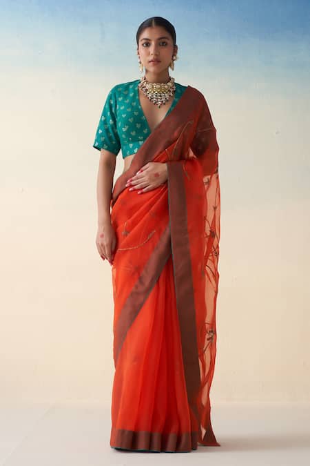 Janki India Rust Orange Hand Embroidered Saree Set 