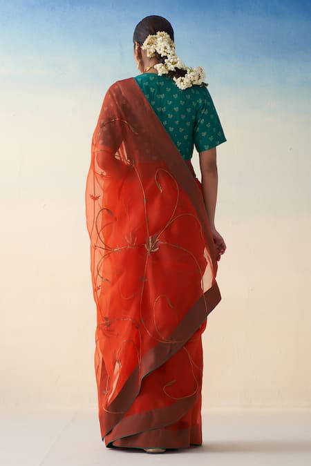 Janki India Rust Orange Hand Embroidered Saree Set 