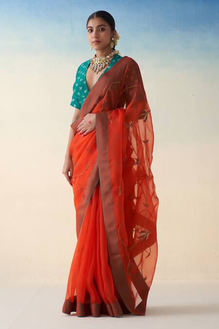 Janki India_Rust Organza, Cotton Embroidery Orange Hand Saree Set _Online_at_Aza_Fashions