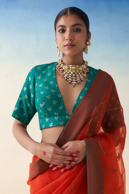 Buy_Janki India_Rust Organza, Cotton Embroidery Orange Hand Saree Set _Online_at_Aza_Fashions