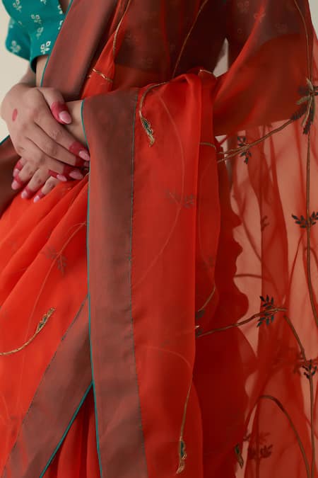 Shop_Janki India_Rust Organza, Cotton Embroidery Orange Hand Saree Set _Online_at_Aza_Fashions