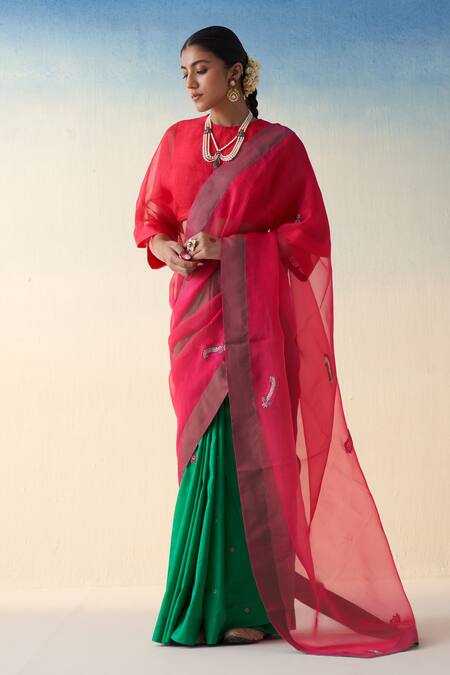 Janki India_Green Silk, Organza, Cotton Embroidery And Fuchsia Hand Saree _Online_at_Aza_Fashions