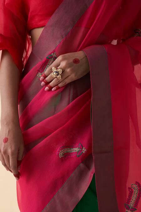 Shop_Janki India_Green Silk, Organza, Cotton Embroidery And Fuchsia Hand Saree _Online_at_Aza_Fashions