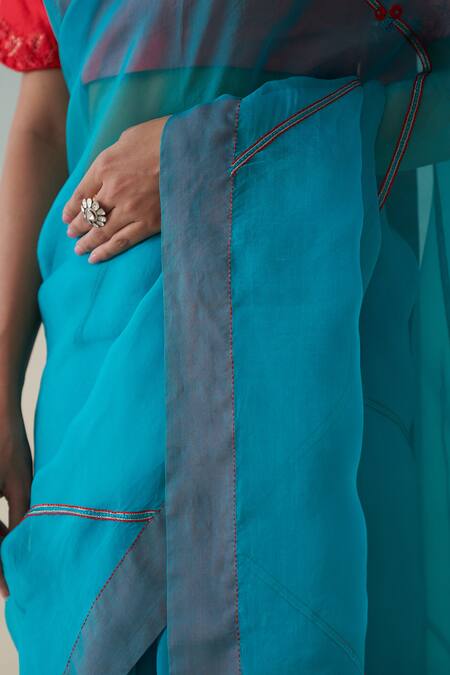 Janki India_Turquoise Organza, Cotton Embroidery Hand Saree Set _Online_at_Aza_Fashions