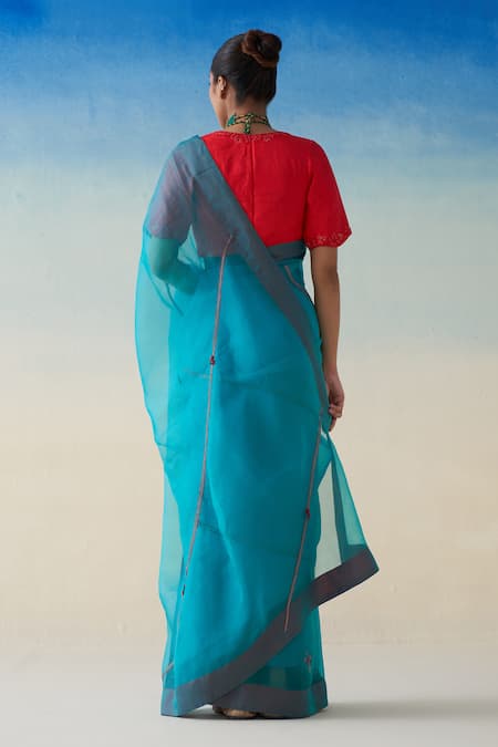 Janki India Turquoise Hand Embroidered Saree Set 