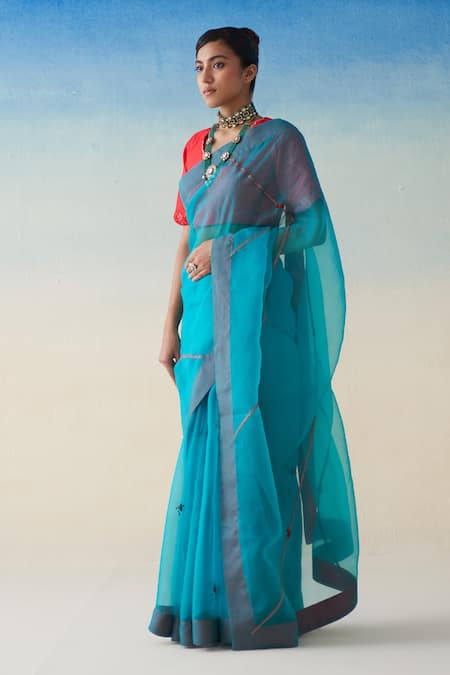 Shop_Janki India_Turquoise Organza, Cotton Embroidery Hand Saree Set _Online_at_Aza_Fashions