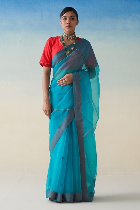 Janki India Turquoise Hand Embroidered Saree Set 