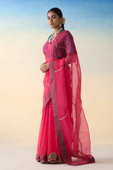 Janki India_Fuchsia Organza, Cotton Embroidery Pink Hand Saree Set _Online_at_Aza_Fashions