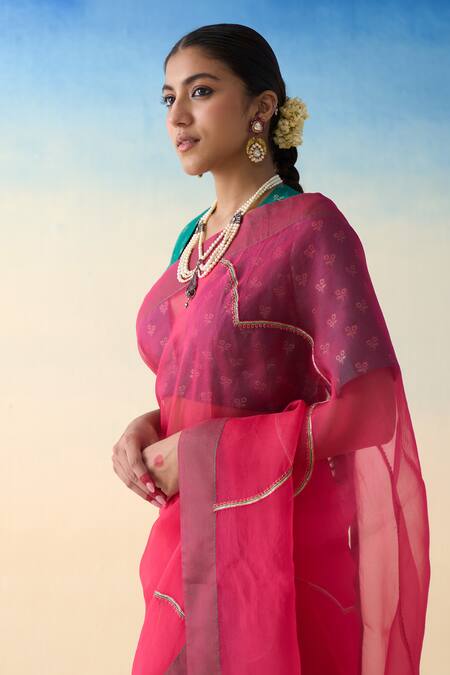 Buy_Janki India_Fuchsia Organza, Cotton Embroidery Pink Hand Saree Set _Online_at_Aza_Fashions