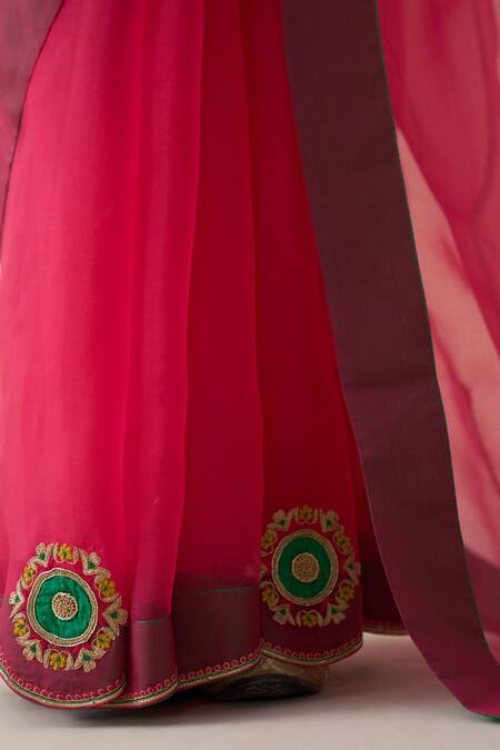 Shop_Janki India_Fuchsia Organza, Cotton Embroidery Pink Hand Saree Set _Online_at_Aza_Fashions
