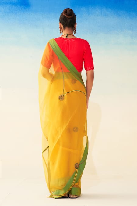 Janki India Yellow Hand Embroidered Organza Saree 