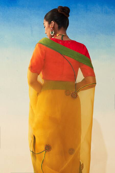 Janki India_Yellow Organza, Cotton Embroidery Hand Saree _Online_at_Aza_Fashions