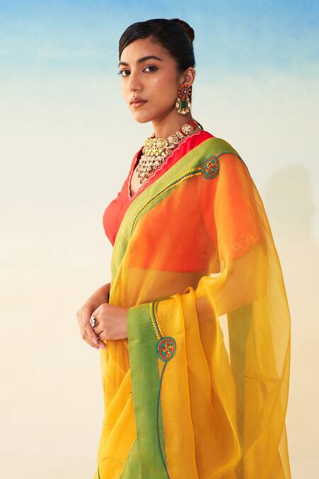 Buy_Janki India_Yellow Organza, Cotton Embroidery Hand Saree _Online_at_Aza_Fashions