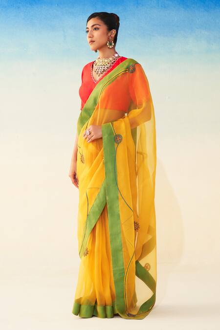 Shop_Janki India_Yellow Organza, Cotton Embroidery Hand Saree _Online_at_Aza_Fashions