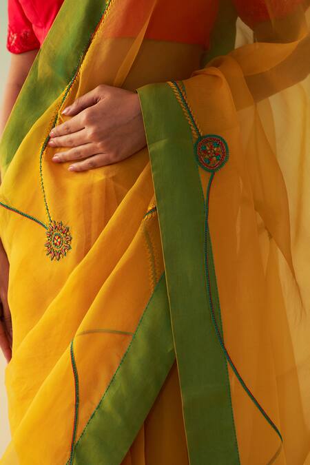 Janki India_Yellow Organza, Cotton Embroidery Hand Saree _at_Aza_Fashions