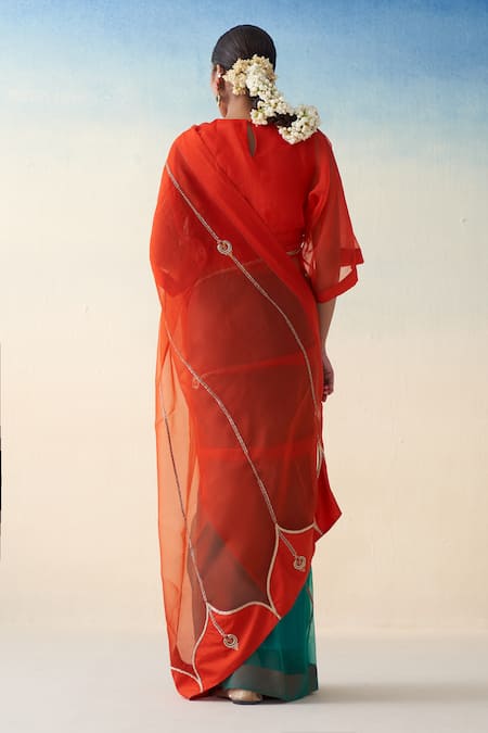 Janki India Orange & Green Hand Embroidered Saree Set 