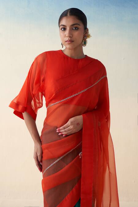 Janki India_Orange Organza, Cotton Embroidery And Green Hand Saree Set _Online_at_Aza_Fashions