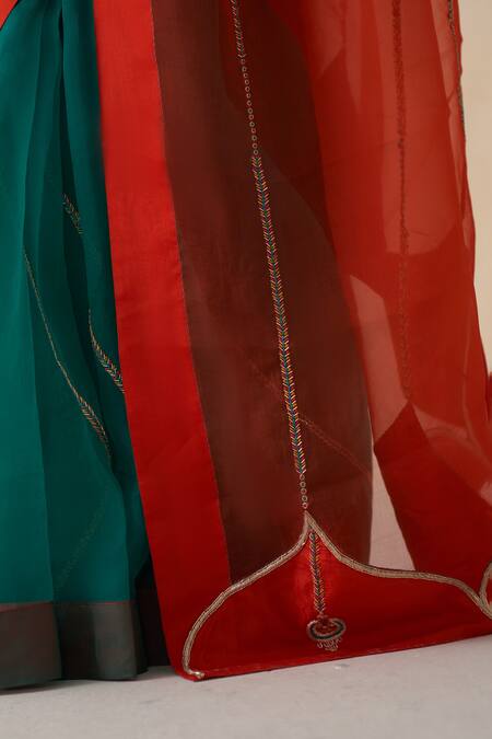 Buy_Janki India_Orange Organza, Cotton Embroidery And Green Hand Saree Set _Online_at_Aza_Fashions