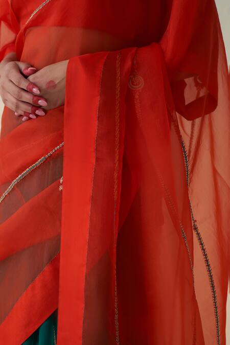 Shop_Janki India_Orange Organza, Cotton Embroidery And Green Hand Saree Set _Online_at_Aza_Fashions
