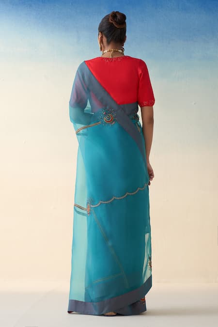 Janki India Turquoise Hand Embroidered Saree Set 