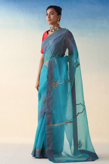 Buy_Janki India_Blue Organza, Cotton Embroidery Turquoise Hand Saree Set _Online_at_Aza_Fashions
