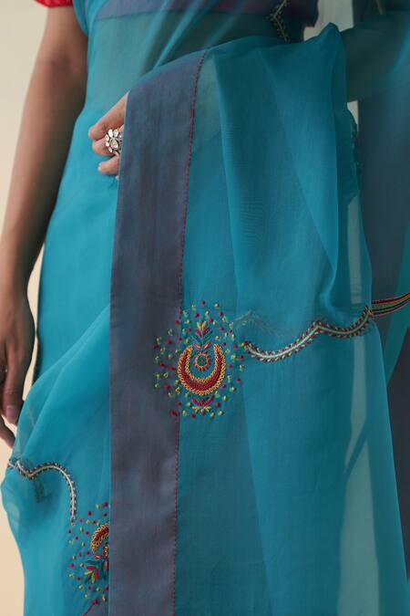 Shop_Janki India_Blue Organza, Cotton Embroidery Turquoise Hand Saree Set _Online_at_Aza_Fashions