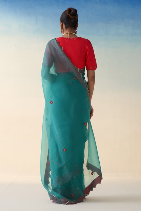 Janki India Turquoise Hand Embroidered Saree Set 