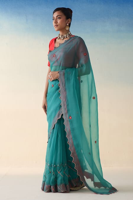 Janki India_Blue Organza, Cotton Embroidery Turquoise Hand Saree Set _Online_at_Aza_Fashions