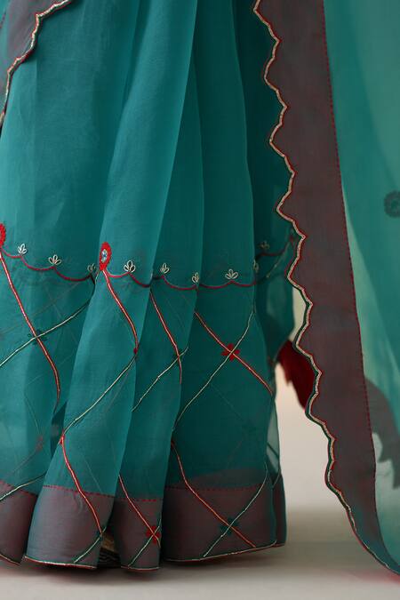 Buy_Janki India_Blue Organza, Cotton Embroidery Turquoise Hand Saree Set _Online_at_Aza_Fashions