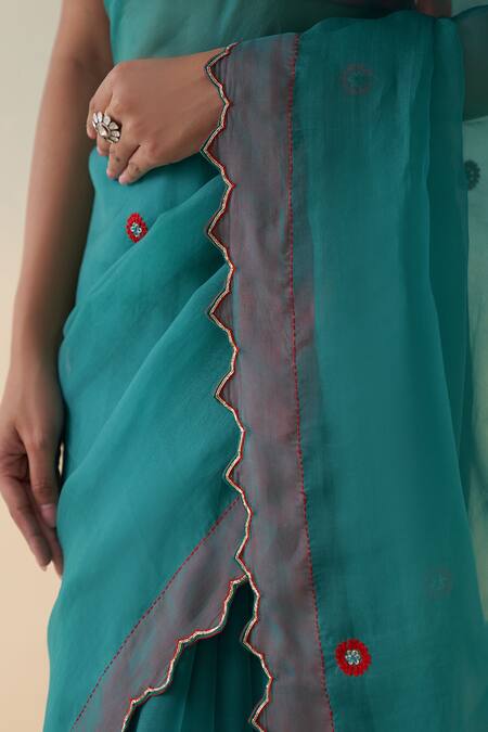Shop_Janki India_Blue Organza, Cotton Embroidery Turquoise Hand Saree Set _Online_at_Aza_Fashions