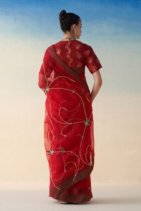 Janki India Red Hand Embroidered Organza Saree Set 