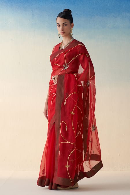 Shop_Janki India_Red Organza, Cotton Embroidery Hand Saree Set _Online_at_Aza_Fashions