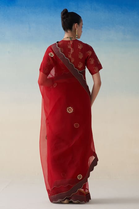 Janki India Red Hand Embroidered Organza Saree Set 